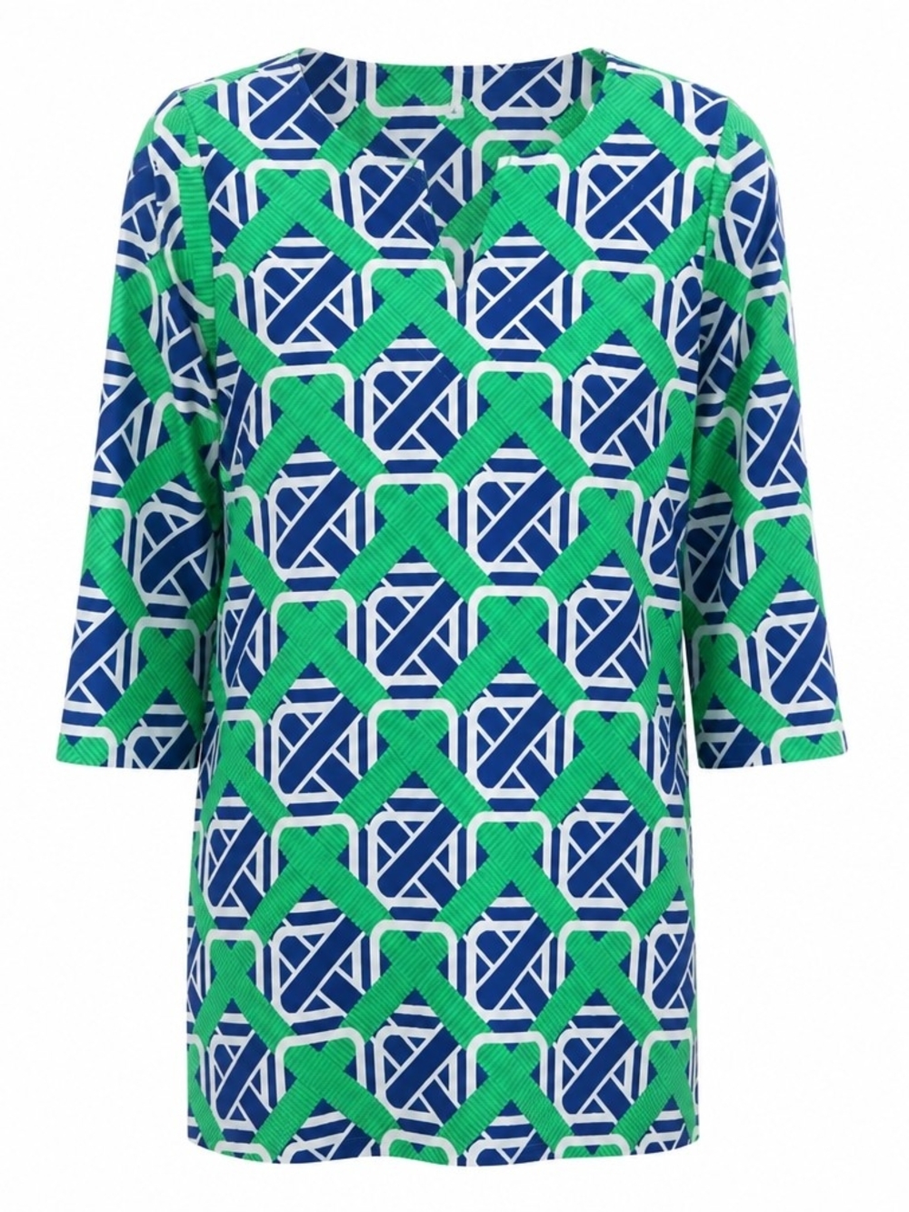 Barbara Gerwit Geometric Blue and Green Long Sleeve Shift Dress